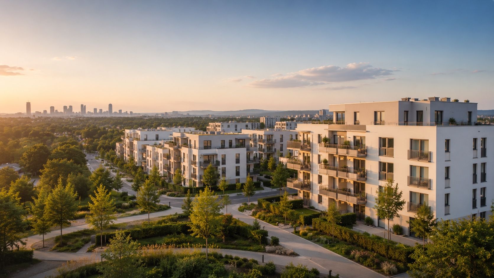 Modernes Wohnquartier mit gepflegten Gebäuden und Grünanlagen im warmen Abendlicht, Skyline am Horizont