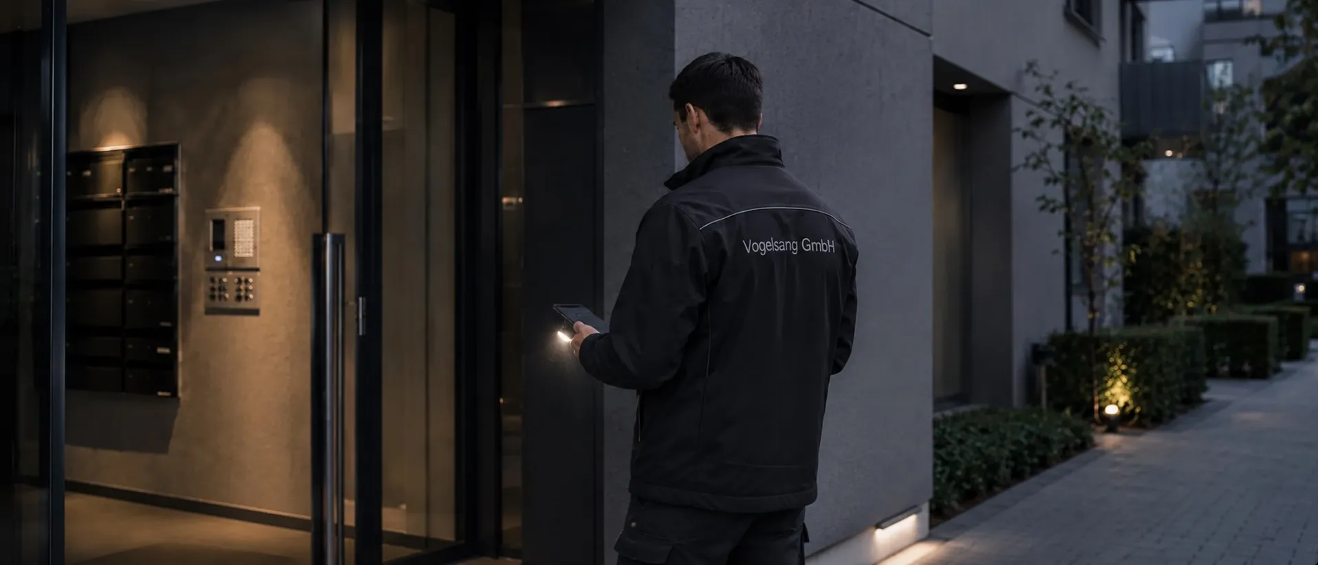 Vogelsang-Mitarbeiter mit Tablet bei der Objektbegehung am Eingang einer Wohnimmobilie