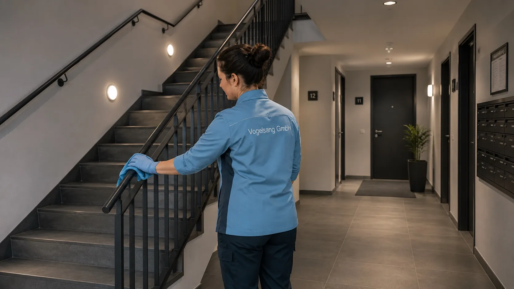 Reinigungskraft der Vogelsang GmbH bei der Reinigung im Treppenhaus einer Wohnanlage